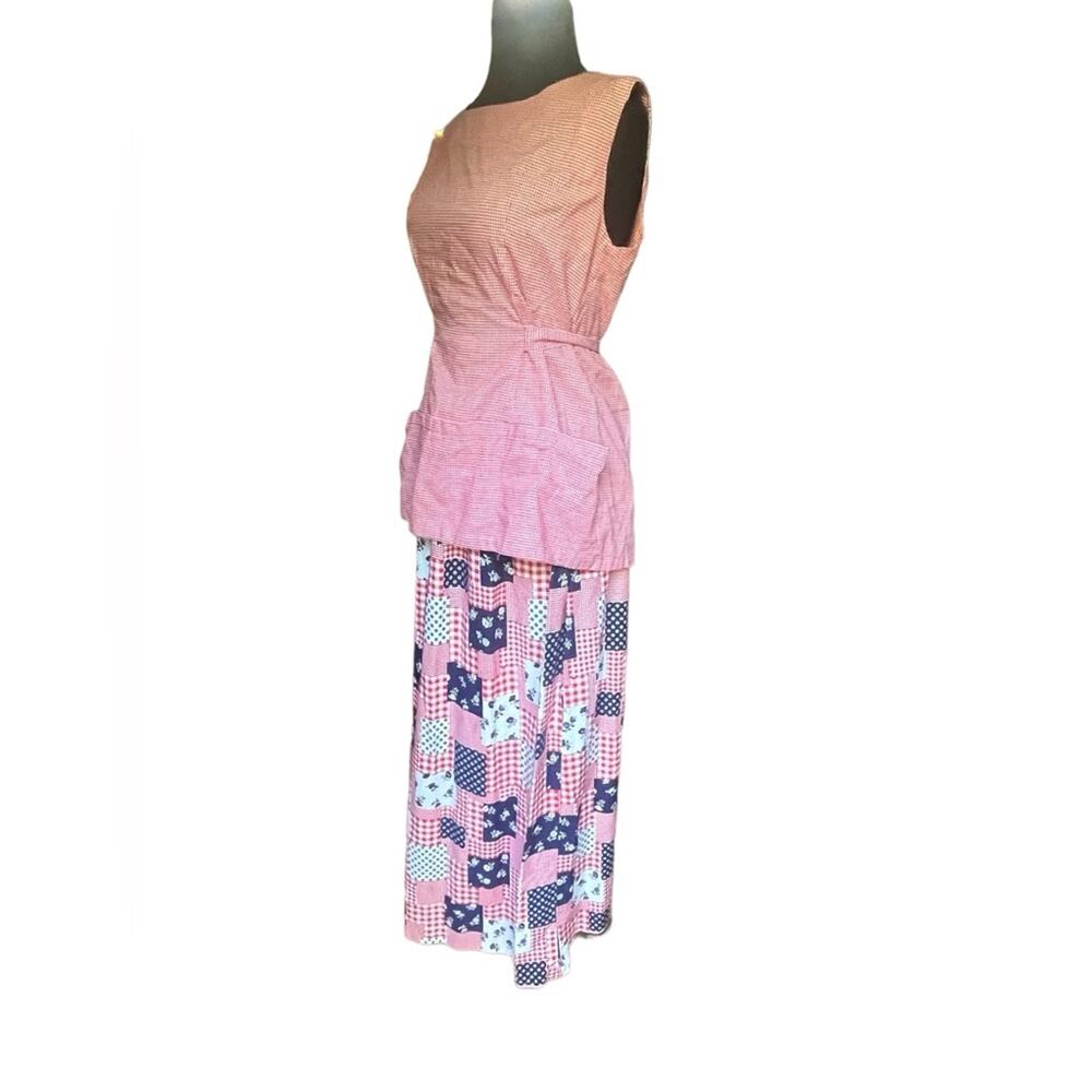 Vtg Mixed Plaid Print America Shabby Chic Apron Top Smocked Maxi Skirt Coord Set
